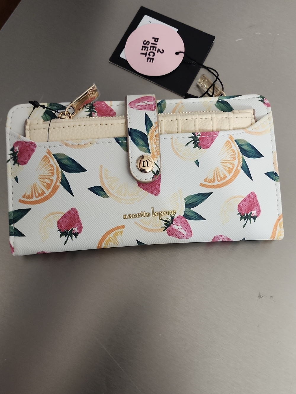 Nanette Lepore White Strawberry & Citrus Print Zip Wallet